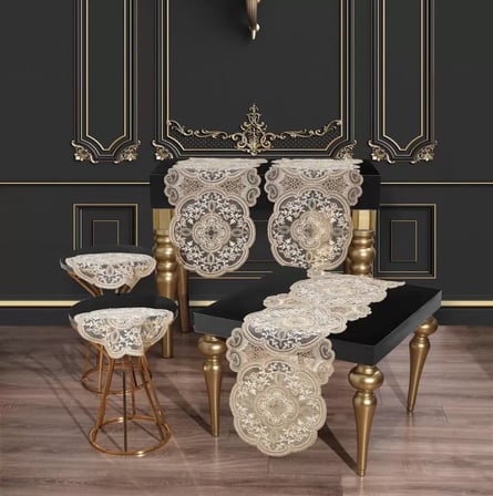 Alya Model  Gold 5 Parça Salon Takımı Dantelli Masa Örtüsü Runner Seti