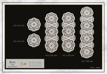 Alya Krem 5 Parça Salon Takımı Dantelli Masa Örtüsü Runner Seti Modern Tasarım