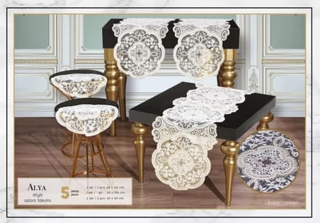 Alya Krem 5 Parça Salon Takımı Dantelli Masa Örtüsü Runner Seti Modern Tasarım