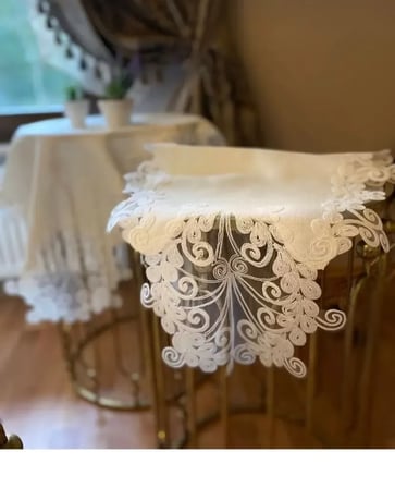 Anna Model Krem  5 Parça Salon Takımı Keten Dantelli Runner Seti Masa Örtüsü