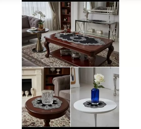 Siyah Elora Model 5 Parça Velvet Kadife Dantelli Runner Masa Örtüsü Seti Salon Takımı