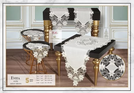 Keten Dantelli Evita Model Krem-Krem  5 Parça Runner Seti Salon Takımı