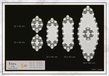 5 Parça Evita Krem-Krem Model Keten Dantelli Masa Örtüsü Runner Seti Salon Takımı