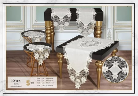 5 Parça Evita Krem-Krem Model Keten Dantelli Masa Örtüsü Runner Seti Salon Takımı