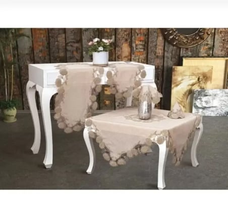 Kapiçino Flowers Model  5 Parça Keten Dantelli Runner Seti Salon Takımı