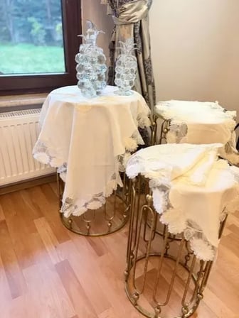 Flowers Model Krem  5 Parça Keten Dantelli Masa Örtüsü Runner Seti