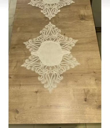 Gülseda Krem-Krem Model  5 Parça Keten Masa Örtüsü Runner Seti Çeyizlik Salon Takımı