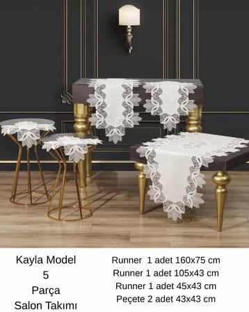 Çeyizlik Kayla Model Krem-Gold 5 Parça Keten Dantelli Runner Seti Modern Salon Takımı