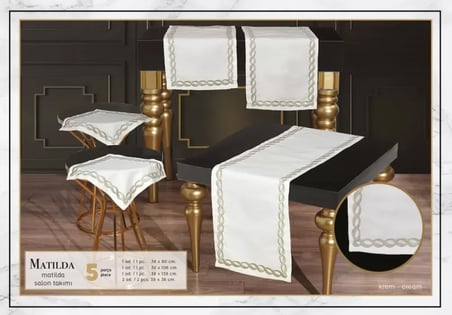Çeyizlik Matilda Model Krem-Gold 5 Parça Keten Masa Örtüsü Runner Seti Şık Salon Takımı