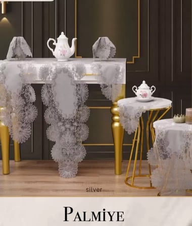 Keten Palmiye Model Gri 7 Parça Runner Seti Masa Örtüsü Salon Takımı