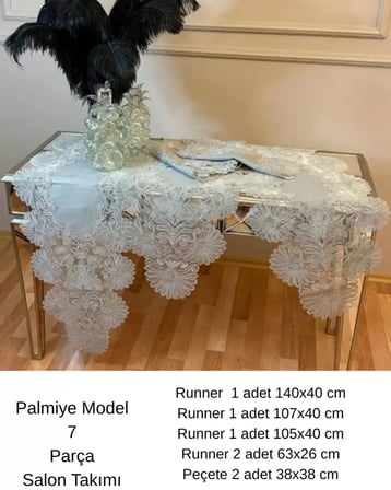 Palmiye Model Gri  7 Parça Keten Çeyizlik Runner Seti Salon Takımı