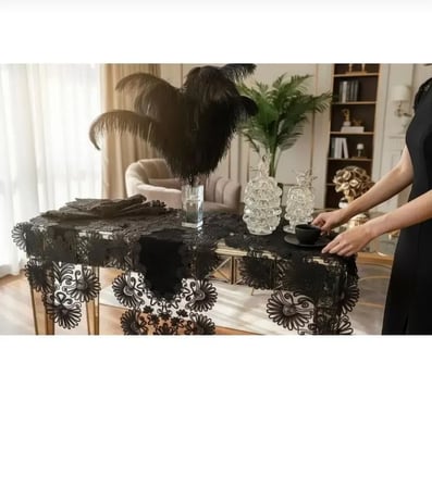 Çeyizlik Palmiye Model Siyah 7 Parça Keten Masa Örtüsü Runner Seti Salon Takımı Şık Tasarım