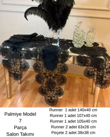 Palmiye Model  Siyah 5 Parça Keten Masa Örtüsü Runner Seti Çeyizlik Salon Takımı