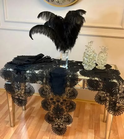 Palmiye Model  Siyah Çeyizlik 7 Parça Keten Masa Örtüsü Yolluk Seti Salon Takımı