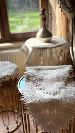 5 Parça Samina Model Krem-Krem Dantelli Keten Runner Seti Masa Örtüsü Salon Takımı