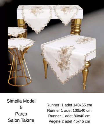 Simella Model  Krem-Kapiçino Çeyizlik Nakış İşlemeli Masa Örtüsü Runner Seti Salon Takımı