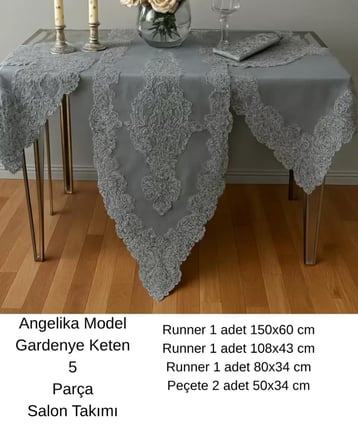 5 Parça Keten Dantelli Angelika Model Simli Gri Salon Takımı Runner Seti