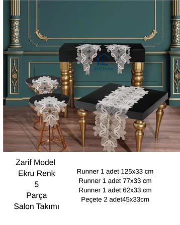 Çeyizlik Zarif Model 5 Parça  Krem Dantelli Masa Örtüsü Runner Seti Salon Takımı