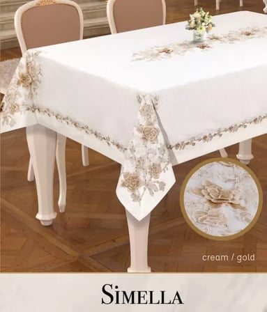 Simella Keten 160x260 cm Krem-God Detay Masa Örtüsü Şık Yemek Masası Dekoru