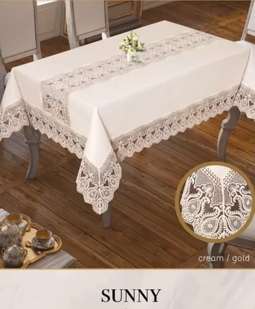 Sunny Model Krem-Gold 160x220 cm Parlak Keten Masa Örtüsü Modern Tablecloth Tasarım