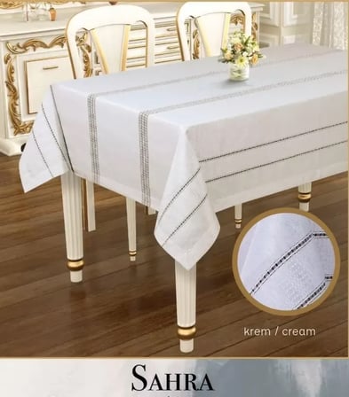 160x220 cm Krem Sahra Model Polyester Ajurlu Keten Masa Örtüsü Tablecloth