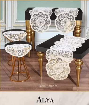 5 Parça Krem Alya Salon Takımı Dantelli Masa Örtüsü Runner Seti Modern Tasarım