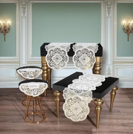 Alya Model No124 Krem 5 Parça Salon Takımı Masa Örtüsü Runner Seti Dantelli
