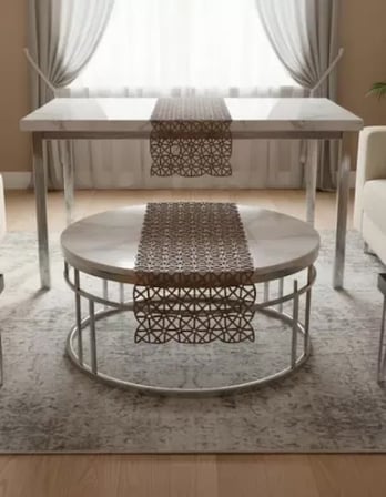 Angles Model Kahverengi 5 Parça Dantel Runner Seti Masa Örtüsü Salon Takımı