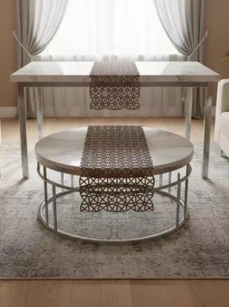 Salon Takımı 5 Parça Dantel Masa Örtüsü Runner Seti Kahverengi Angles Model No 856