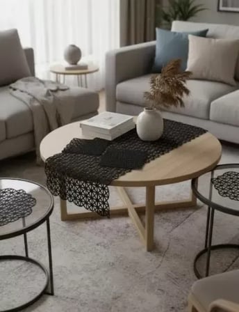 Salon Takımı 5 Parça Dantel Masa Örtüsü Runner Seti Angles Model Krem