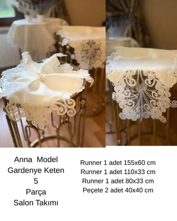 Salon Takımı 5 Parça Keten Dantelli Masa Örtüsü Runner Seti Anna Model - Krem