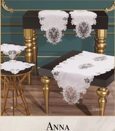 Salon Takımı 5 Parça Keten Dantelli Masa Örtüsü Runner Seti Anna Model - Krem