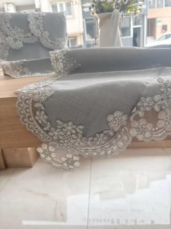 Çeyizlik Firuze Model Gri 5 Parça Keten Dantelli Salon Takımı Runner Seti No 486745