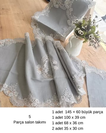 Çeyizlik Firuze Model Gri 5 Parça Keten Dantelli Salon Takımı Runner Seti No 486745