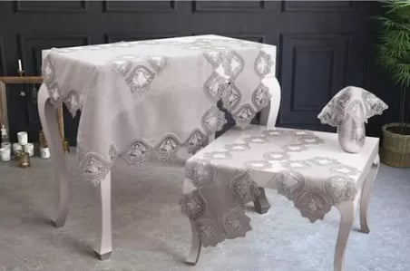 Salon Takımı 5 Parça Keten Dantelli Masa Örtüsü Runner Seti Çeyizlik Flowers Model No 9964 Kapiçino