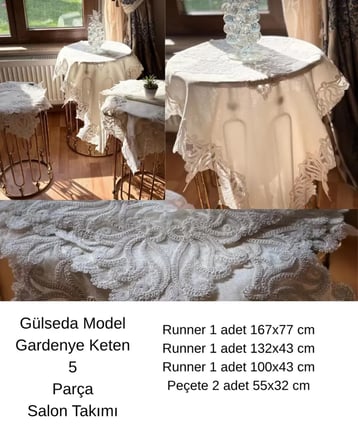 5 Parça Gülseda Model Krem-Krem Keten Dantelli Runner Seti Çeyizlik Salon Takımı