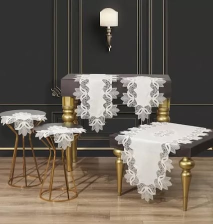 Krem-Gold Kayla Model Keten 5 Parça Masa Örtüsü Runner Seti Salon Takımı No 2323