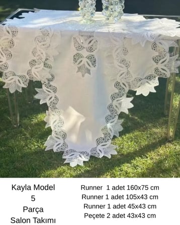 Salon Takımı 5 Parça Keten  Masa Örtüsü Runner Seti Çeyizlik Kayla Model No 22252 Krem-Gümüş