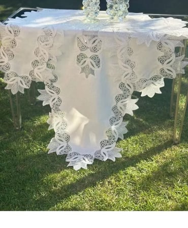 Salon Takımı Kayla Model Krem-Krem 5 Parça Keten Dantelli Masa Örtüsü Runner Seti