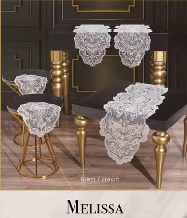 Salon Takımı 5 Parça Dantel Masa Örtüsü Runner Seti Çeyizlik Melissa Model Krem