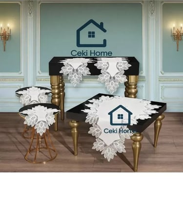 Salon Takımı 5 Parça Dantelli Keten Masa Örtüsü Runner Seti Çeyizlik Pera Model No 3982  Krem
