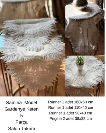 Salon Takımı 5 Parça Dantelli Keten Masa Örtüsü Runner Seti Samina Model  Krem-Krem