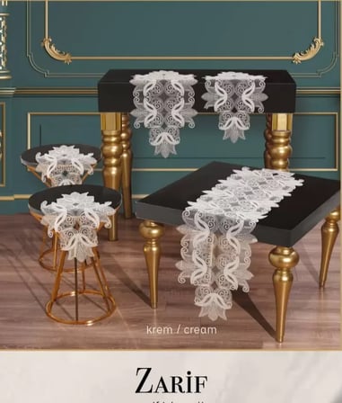Salon Takımı 5 Parça Dantelli Masa Örtüsü Runner Seti Çeyizlik Zarif Model Krem
