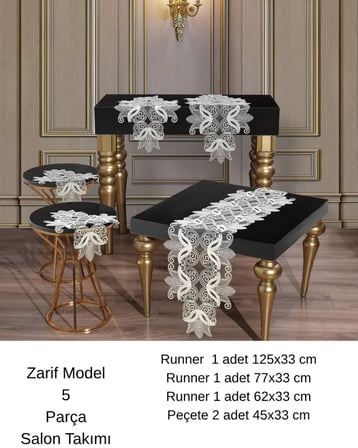 Zarif Model  Krem Dantelli Masa Örtüsü Runner Seti Çeyizlik Salon Takımı 5 Parça