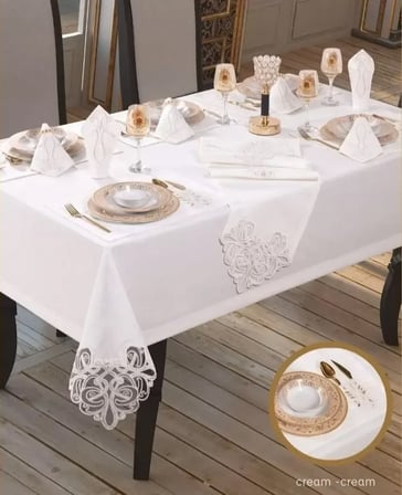 Taç Keten Krem-Krem 26 Parça 12 Kişilik Premium Supla Runner Sofra Masa Takımı