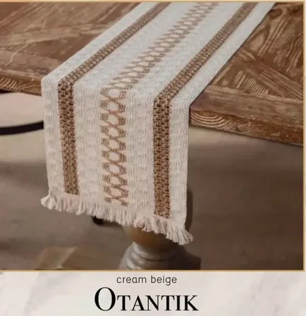 40x140 cm Otantik Krem Bej Fransız Dantel Detaylı Sehpa Örtüsü Dekoratif Model