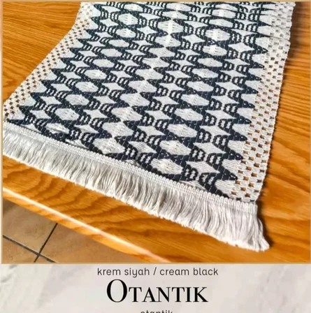 Otantik Kreme Siyah Fransız Dantel Detaylı Sehpa Örtüsü 40x140 cm Modern Tasarım