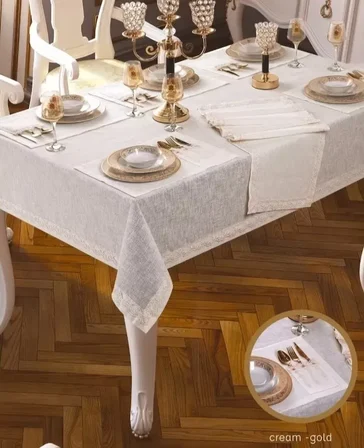 Linen Zara 26 Parça 12 Kişilik Yemek Takımı Masa Seti Supla Runner Krem Şık Ev Tekstili