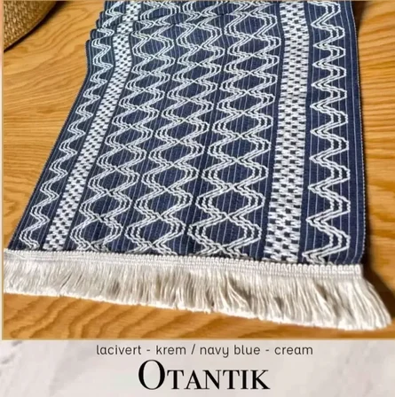 Otantik Lacivert Krem Fransız Dantel Detaylı Sehpa Örtüsü 40x140 cm Dekoratif Model