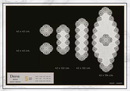 Defne Model Krem-Krem 5 Parça Keten Dantelli Masa Örtüsü Runner Seti No 9385